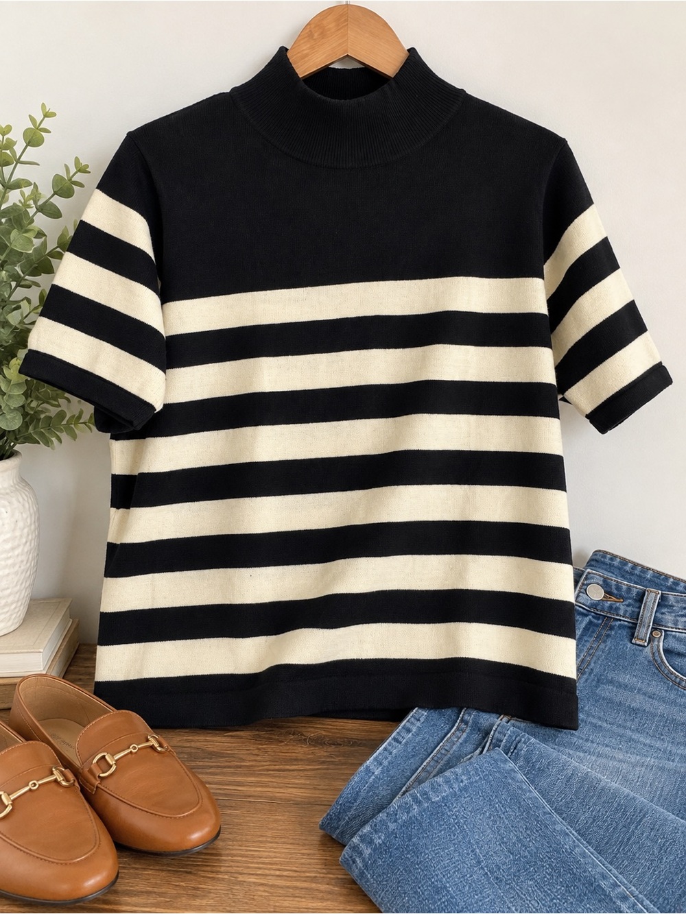 Women's Striped Short-Sleeve Turtleneck Sweater - Black & Cream